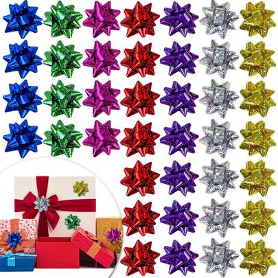 50 قطعة من الفيونكات الصغيرة، فيونكات نجمية معدنية بقطر 1 بوصة، فيونكات صغيرة وصغيرة للتلصيق على الهدايا والحفلات وعيد الأم والتخرج، ألوان عشوائية