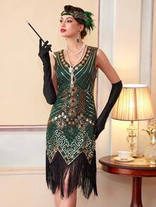 1920s Flapper Dresses, Great Gatsby Dresses Roaring 20s For Women, Sheer Beaded Sleeves Costume, Party Dress, For Cocktail - Green - View 8