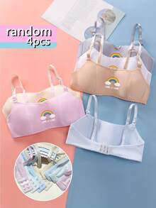 VKELUV 4 件随机颜色女童内衣，舒适可调节肩带和后钩胸罩，可爱甜美彩虹印花针织面料无钢圈胸罩 - 彩色 - 查看 1