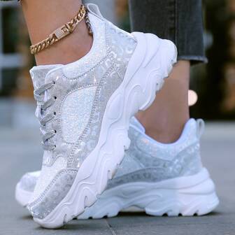 女士系带闪光运动鞋，轻便休闲运动鞋，防滑跑鞋