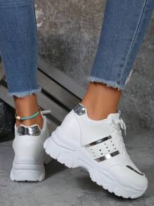 New Spring & Autumn Breathable Height Increasing White Sneakers, Thick Platform Sports Casual Comfortable Chunky Sneakers