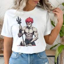 Muscular Anime Warrior With Trident In Fiery Backdrop All Season 220g Cotton Single Sided Printed Crew Neck Short Sve T Shirt - White - View 1
