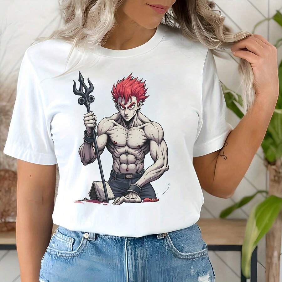 Muscular Anime Warrior With Trident In Fiery Backdrop All Season 220g Cotton Single Sided Printed Crew Neck Short Sve T Shirt - White - View 1