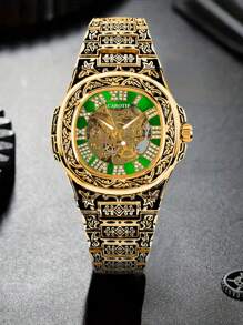 1 pièce Montre-bracelet mécanique avec cadran squelette en acier inoxydable pour homme, design lumineux vert, mode et