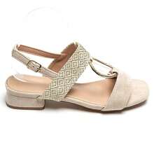 Block Heel Sandals With Woven Strap And Decorative Buckle - Beige 3879 - View 2