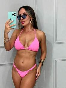 Women's Ribbon Bikini With Bronze Adjustment Summer Beachwear Set - 淺粉色 - 查看 2