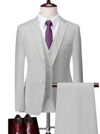 Men's Fashion New Solid Color Slim Fit Stretchy 3 PiecesSuit Set, Includes Blazer, Vest And Trousers For Work, Business, Formal Occasions