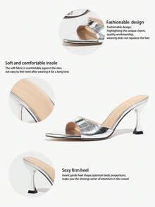 女士尖头穆勒细高跟鞋，时尚高端派对，户外，优雅闪亮石纹性感银色一脚蹬鞋 - 銀色 - 查看 5