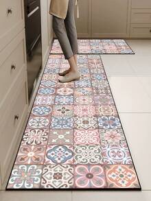 1pc Premium Diatomite Kitchen Mat With Pink & Light Blue Color Block, Floral, Geometric, Swirl Decorative Patterns, Bohemian Style, Anti-Fatigue Cushion Kitchen Carpet, Water Absorbent For Kitchen, Bathroom, Entryway, Laundry Room