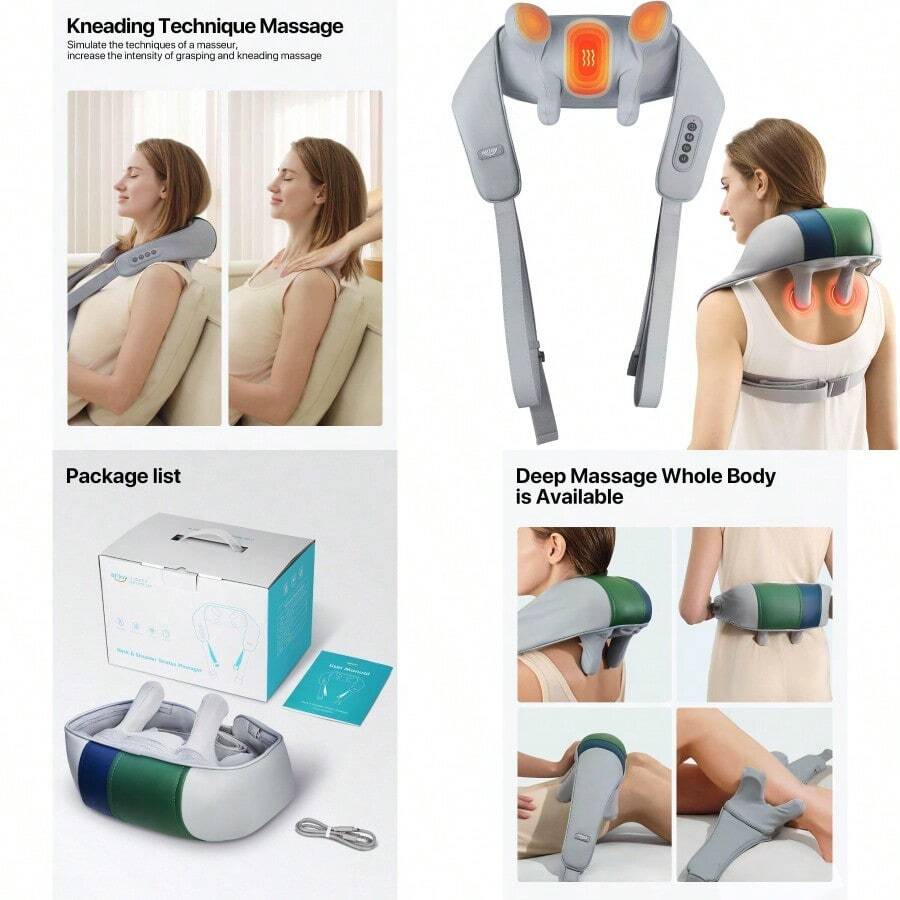 Masajeador de cuello y hombros con calor, inalámbrico, shiatsu 4D de tejido profundo, masaje amasado para cuello, espalda y piernas, regalo para mujeres, hombres, mamá y papá - Negro - Ver 1