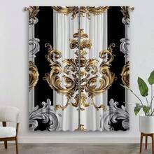 2pcs Black & White Bohemian Style Floral Curtains, Golden Modern Art Printed Curtains With Rod Pockets, Polyester, Classic Style For Bedroom, Office, Kitchen, Living Room, Home Decor