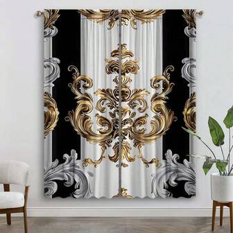2pcs Black & White Bohemian Style Floral Curtains, Golden Modern Art Printed Curtains With Rod Pockets, Polyester, Classic Style For Bedroom, Office, Kitchen, Living Room, Home Decor