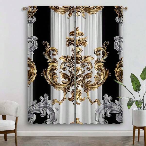 2pcs Black & White Bohemian Style Floral Curtains, Golden Modern Art Printed Curtains With Rod Pockets, Polyester, Classic Style For Bedroom, Office, Kitchen, Living Room, Home Decor