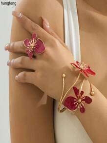 European And American Fashion Metal Floral Open Cuff Bracelet And Ring Set