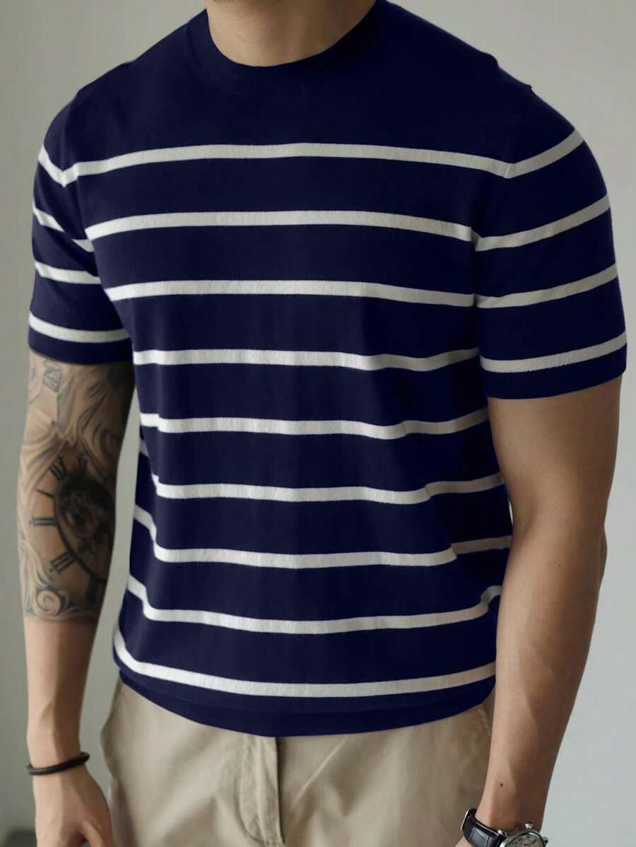 Suéter de punto con mangas cortas y rayas para hombre