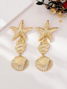 1 Đôi bông tai dáng dài hình sao biển và vỏ sò kiểu dáng đại dương thanh lịch và sang trọng, quà tặng trang sức thời trang dành cho phụ nữ, phù hợp để đeo hàng ngày, đi nghỉ mát ở bãi biển, du lịch, dự tiệc. - Vàng - Xem 4