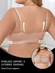 大码女士蕾丝拼接无钢圈文胸，舒适内衣 - 杏色 - 查看 2