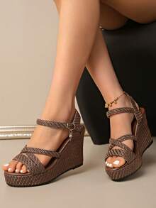 Women's Summer Woven Straw Rope Waterproof Design Fashionable High Heel Comfortable Platform Buckled Brown Sandals - Brown - View 5