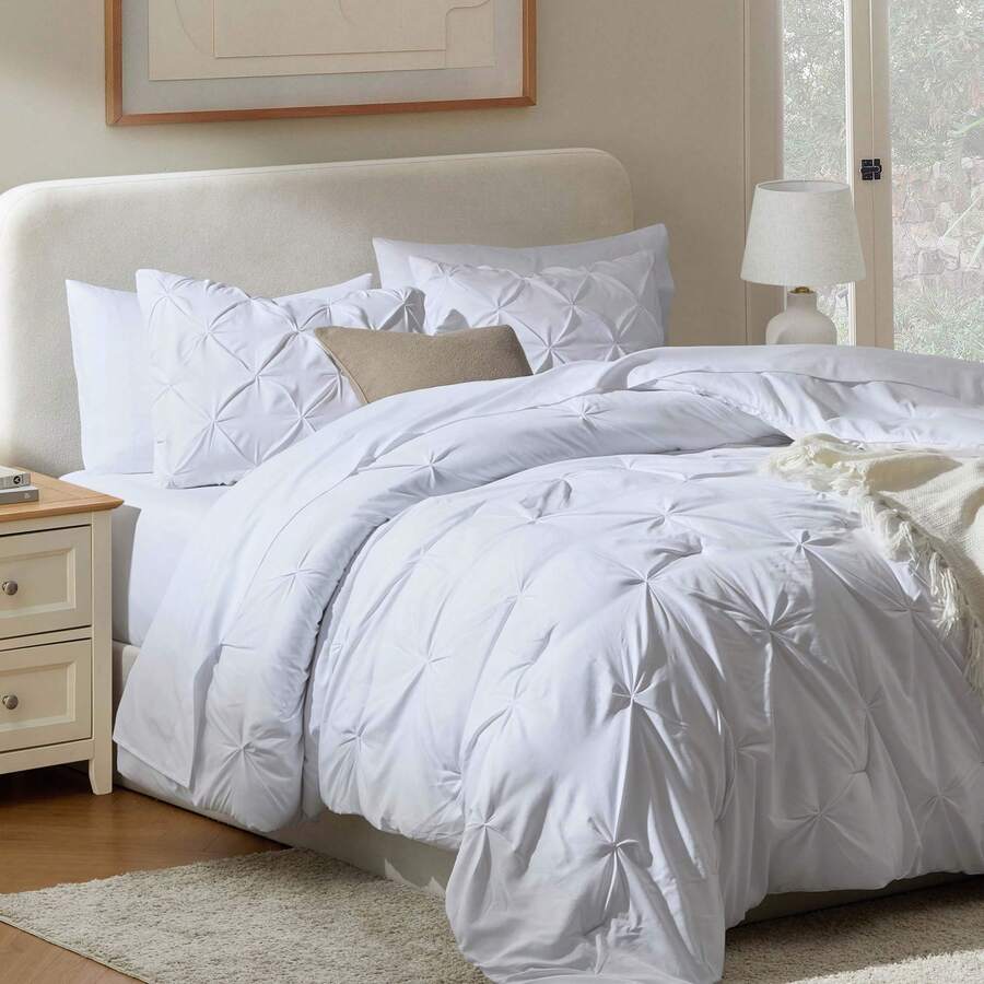 Queen Comforter Set, 7pc Bed In A Bag, Pleated Bedding Comforter Sets Queen, Gray/Silver - 5-white - View 1