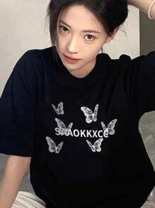 Women's Loose Black Printed T-Shirt - Short Sleeves, Loose Fit, Machine Washable, Japanese Text, Panda Pattern Design