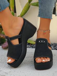 Sandali con zeppa di moda donna di fascia alta, nuovi sandali casual estivi da passeggio, eleganti scarpe da festa  nero con tacco alto di 9 cm
