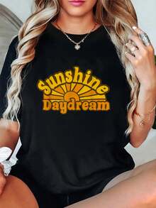 Daydream Retro Sunshine Daydream-Shirt, Men's Black Small Classic Fit Short Sleeve Collarless Crew Neck-Shirt Summer Outfits Women Shirts Women Graphic Tees Women - Black - View 1