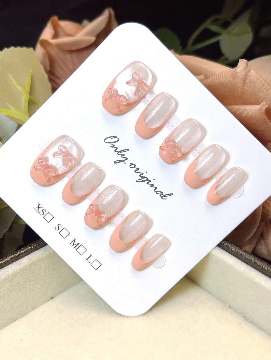 10PCS Pink Press On Nails Cat Eye French Short Square Nails, Summer Nails, Handmade Press On Nails,Short Nails Home DIY Nail Design Full Coverage Fake Nail Tips Artificial Fingernails For Women And Girls Manicure Supplies Office Daily Wear False Nails, Purely Hand-Wear Nails