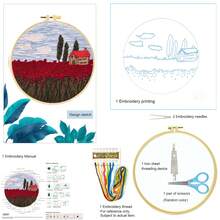 Embroidery Starter Kit - Mountain & Flower Landscape DIY Craft Kit (11ct Cloth, 3-Strand Thread, Full Tools), For Pillow, Hanging Decor, Home Decor, Beginner Video Tutorial Included