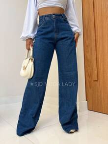 SJD MODA LADY Mom Jeans Wide Leg Simple Casual Pants Without Lycra Hem Cut Ripped - 深色水洗藍 - 查看 3