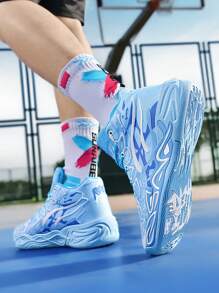 Fashionable Basketball Shoes For Boys, Colorful Green Sporty Sneakers, Multi-Color Splice Thick Sole Outdoor Casual Shoes