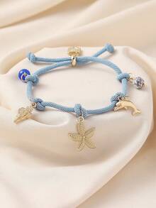 1 pieza Pulsera de cuerda trenzada con dije de caballito de mar, candado con forma de corazón, tortuga marina y piedra, adecuada para mujeres en vacaciones de playa, fiesta, regalo para amigos y familia. Nota: Ligera variación de color debido al proceso de teñido. - Tortuga caballito de mar - Ver 3