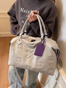 1 Pc Fashionable And Cool Multifunctional Large Capacity Solid Color PU Leather Embossed Soft And Thick Padded Travel Bag With Contrasting Color Boarding Pass Pendant Design Suitable For Both Men And Women For Leisure Vacation&Business Trip And Returning To School