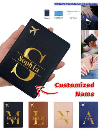 1pc Customized Name PU Passport Cover Travel Passport Sleeve Holder Organizer Ultra Slim Leather Portable Documents Storage ID Card Wallet Coin Purse Bank Business Card Case RFID Travel Accessories Personalized Air Ticket Clip Fold For Office Business DIY Golden Letter Pattern