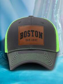 1pc Men's Personalized Leather Label BOSTON Laser Slogan Casual Outdoor Fashion Breathable Adjustable Size Hard Top Baseball Mesh Cap, Suitable For Daily Wear - H - View 9