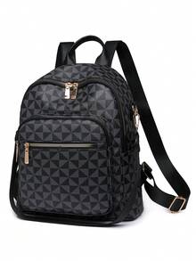 Women's Design Rhombus Pattern Large Capacity Backpack, Casual Shoulder Bag, Commuter Bag, Student Backpack, Mother Bag - Black - View 6