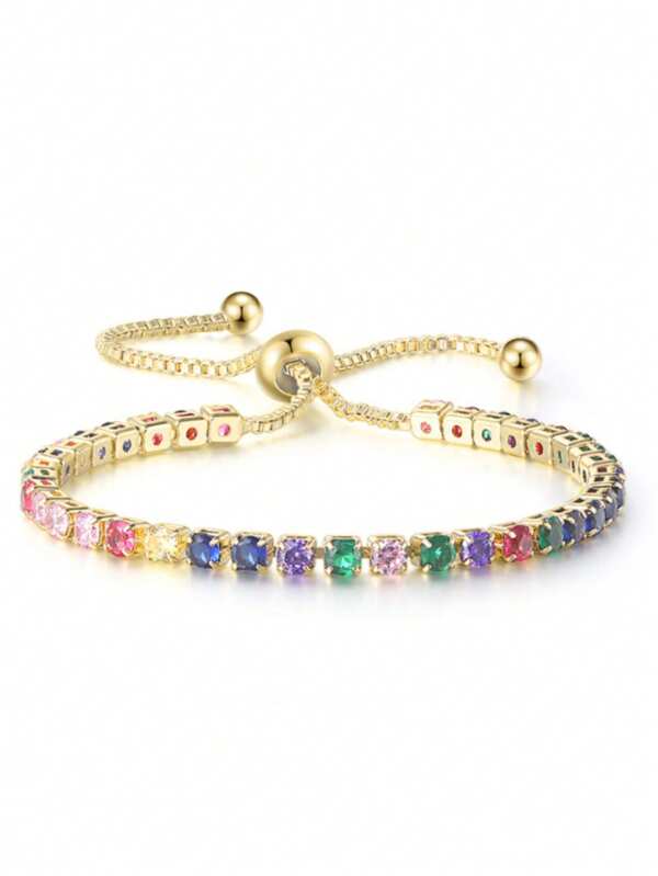 1pc Women's Expandable Gold Color Copper Tennis Bracelet, Fashionable & Versatile Jewelry Gift