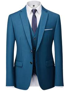 3 件套男士时尚修身纯色弹力西装套装，包含夹克、背心和裤子，商务/正装