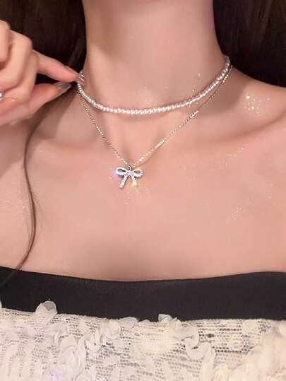 1 件奢华甜美优雅双层水晶蝴蝶结珍珠项链，适合女士，时尚锁骨链装饰配饰