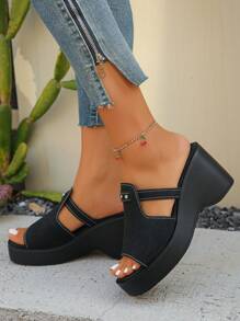 Sandali con zeppa di moda donna di fascia alta, nuovi sandali casual estivi da passeggio, eleganti scarpe da festa  nero con tacco alto di 9 cm