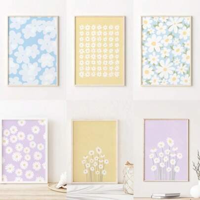 1pc Gift Flower Wall Arts Canvas Print Natural Pastel Daisies Floral Illustration Posters Botanical Market Living Room Bedroom Decoration ﻿Optional Frame ,Wall Art With Frame