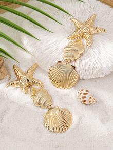 1 Đôi bông tai dáng dài hình sao biển và vỏ sò kiểu dáng đại dương thanh lịch và sang trọng, quà tặng trang sức thời trang dành cho phụ nữ, phù hợp để đeo hàng ngày, đi nghỉ mát ở bãi biển, du lịch, dự tiệc. - Vàng - Xem 3