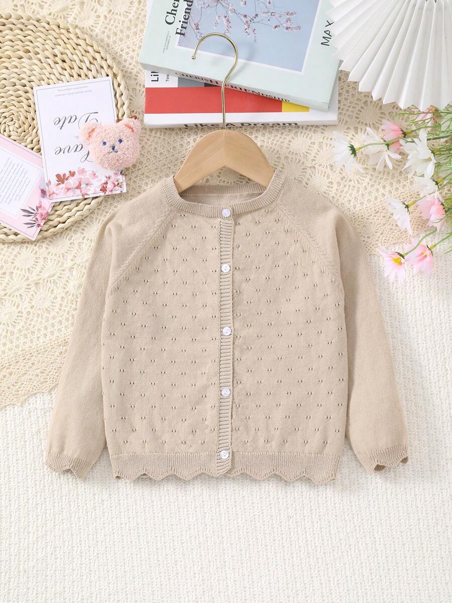 Baby Girls Lightweight Hollow Floral Knitted Button-Up Cardigan Sweater - Khaki - View 1