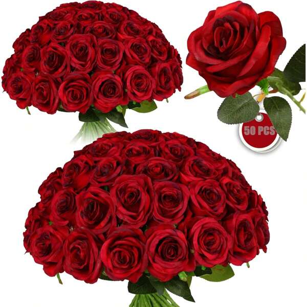 1/5/10/20PCS Artificial Roses, Dark Red Roses Artificial Flowers Fake Roses For Decoration DIY Wedding Bouquets Centerpieces Decorations,Bridal Shower Party Valentine's Day Decorations,Baby Shower Decorations,Home Decorations Outdoor Indoor Decor