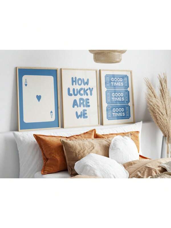 How Lucky Are We Blue Wall Art Print Gallery Set Of 3, Ace Of Hearts, Good Times Tickets, Retro Aesthetic Poster Canvas Painting Wall Art For Living Room Decor Optional Frame ,Wall Art With Frame