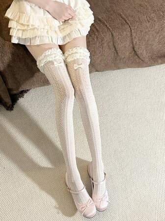 1 Pair Ruffle Hem Solid Color Sweet Thigh High Socks, Lace Trim Mary Jane Stockings, Suitable For Spring & Summer, Y2k, Cozy