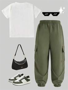 女童字母印花短袖上衣和梭织长裤 - 軍綠色 - 查看 3