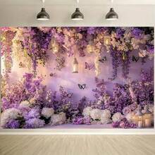 1 pièce, Tissu de fond thématique floral violet avec lanternes, papillons et fleurs - Beau fond de photographie convenant pour la beauté, les fêtes et les célébrations - Matériel professionnel, sans alimentation électrique, parfait pour les activités intérieures et extérieures, fond de fête | Décoration élégante | Tissu durable, décoration florale