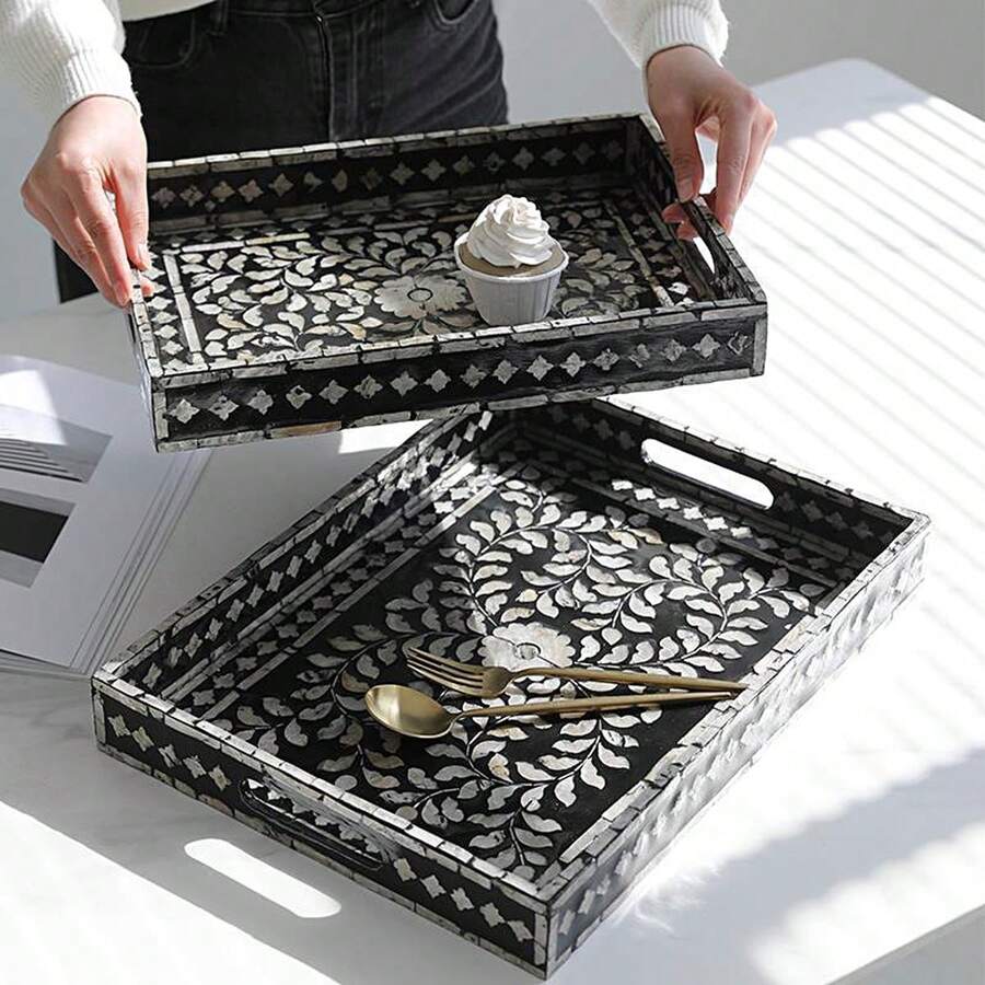 1pc Rectangular Mother Of Pearl Shell Tray, Luxury Natural Shell Decor For Living Room, Bathroom, Kitchen, Tableware, Cosmetics, Tea Table, Fruit Bowl, Party, Holiday Gifts, Wedding, Christmas, New Year - Black - View 1