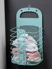 Wall-Mounted Foldable Plastic Laundry Basket, Dirty Clothes Storage Hamper For Bathroom, Without Drilling, Space-Saving Organizer For Small Bathrooms And Apartments, Convenient Wall-Side Laundry Bin With Easy Fold Mechanism, Stain-Resistant White Plastic, Keeps Dirty Clothes Off The Floor, Suited For Daily Laundry And Quick Cleanups In Busy Homes - Blue - View 9