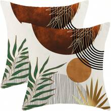 2 PIÈCES Taie d'oreiller de style bohème Abstrait Coucher de soleil doré vert sapin Taie d'oreiller extérieure de style médiéval bohème tropical à motif de feuilles Décorations de ferme Housse de coussin de canapé sans rembourrage sur un côté